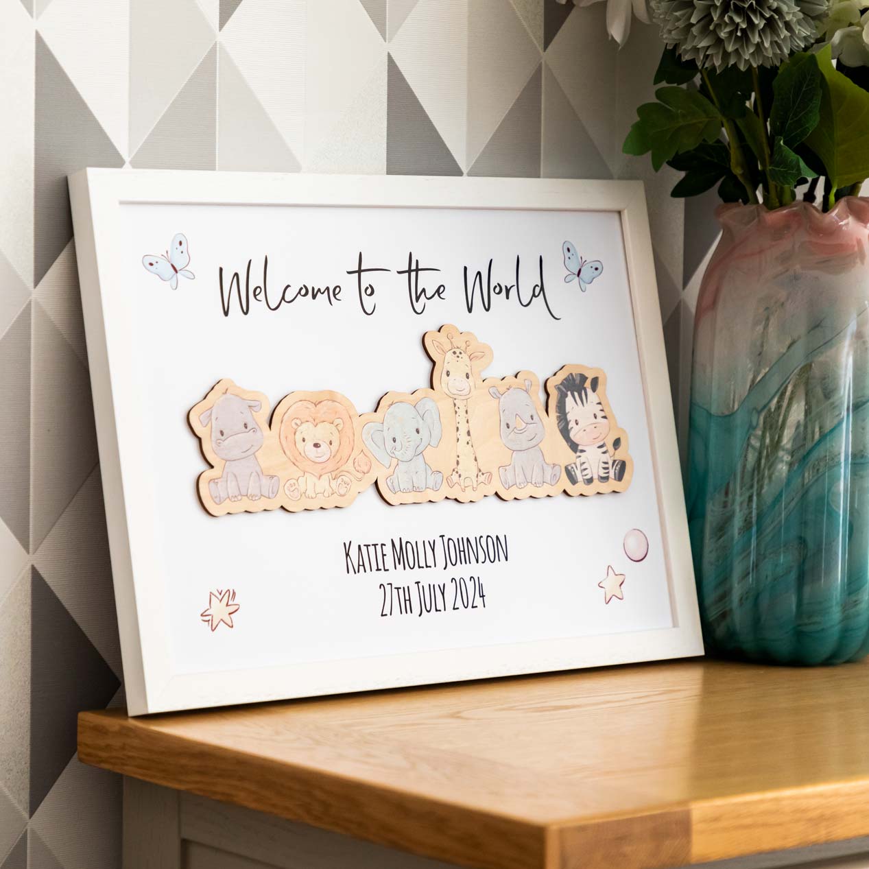 Personalised Jungle Animals Framed Print New Baby Gift