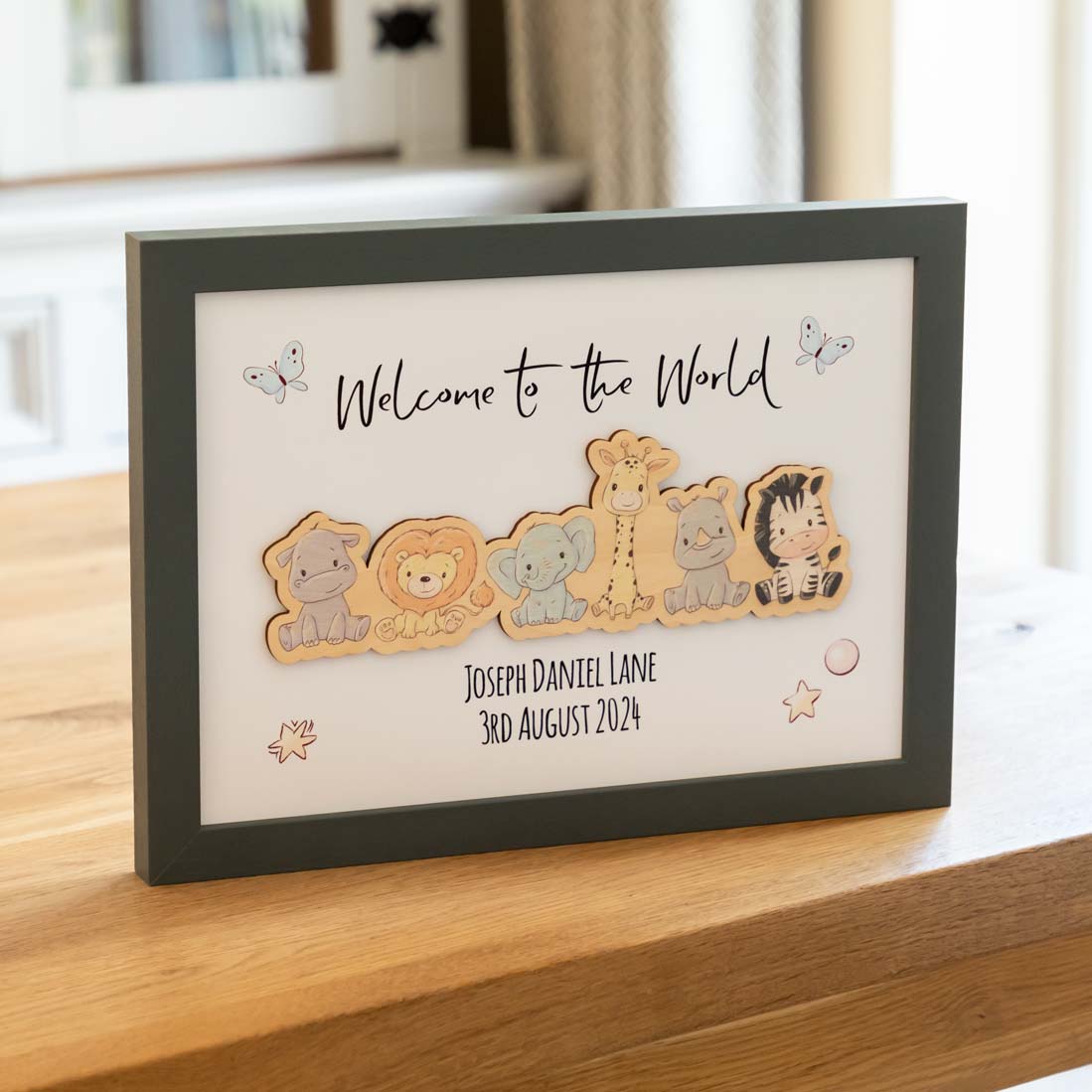 Personalised Jungle Animals Framed Print New Baby Gift