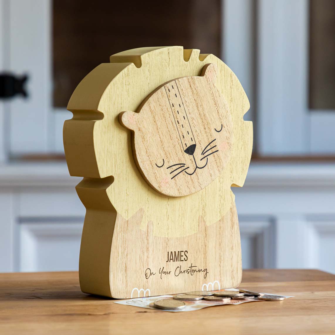 Personalised Lion Money Box For Christening Baptism Naming Day Gift