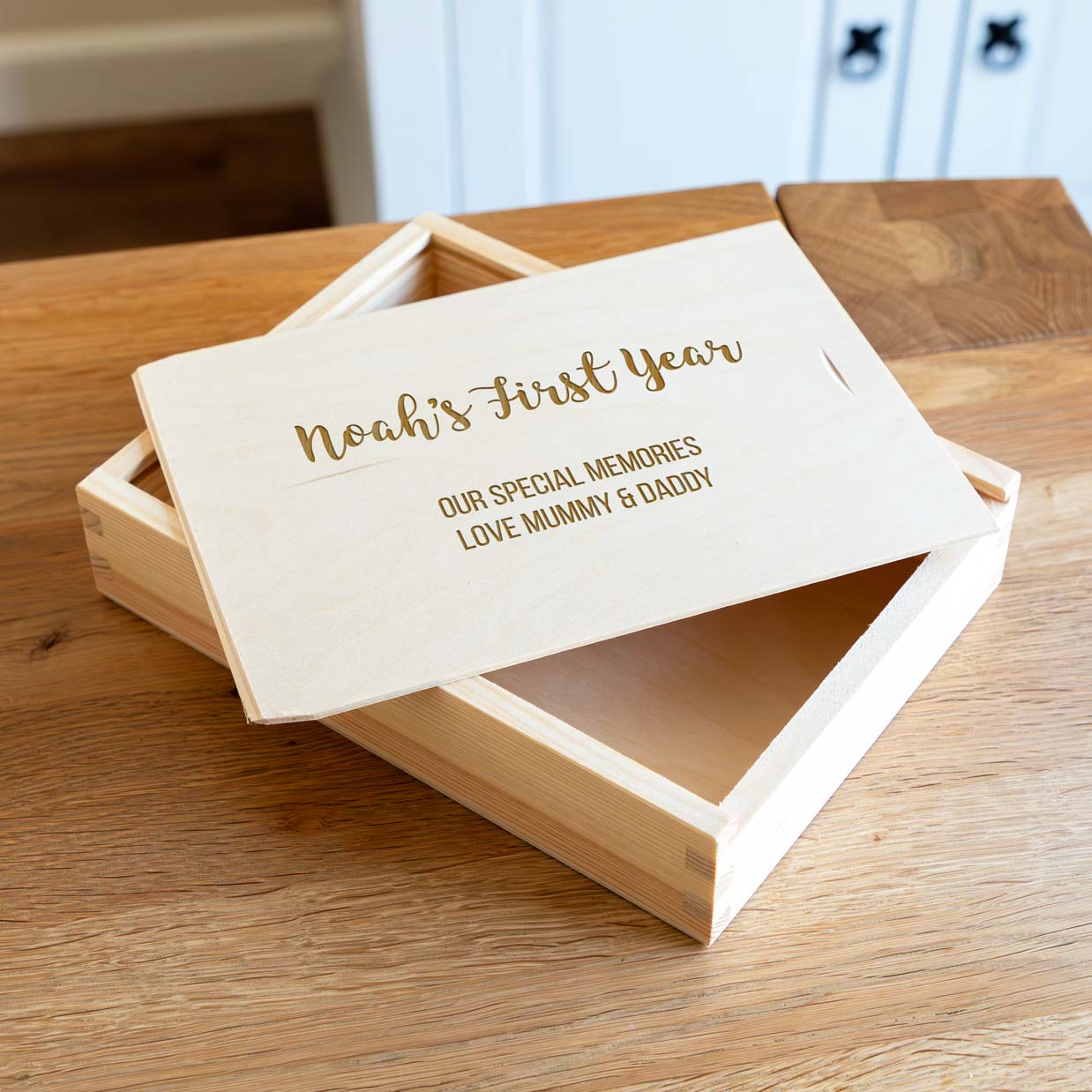 Wooden photo box with 'First Year' engraving onto the lid to celebrate a new baby or first birthday.