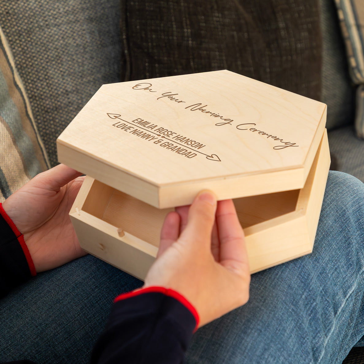 Wooden hexagonal keepsake box with 'On Your Naming Ceremony' and the personalised name and message engraved onto the lid.