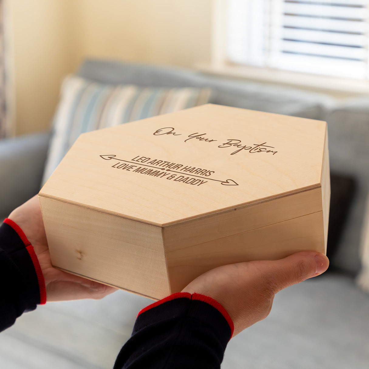 Wooden keepsake box with 'On Your Baptism' and the personalised text engraved onto the lid.