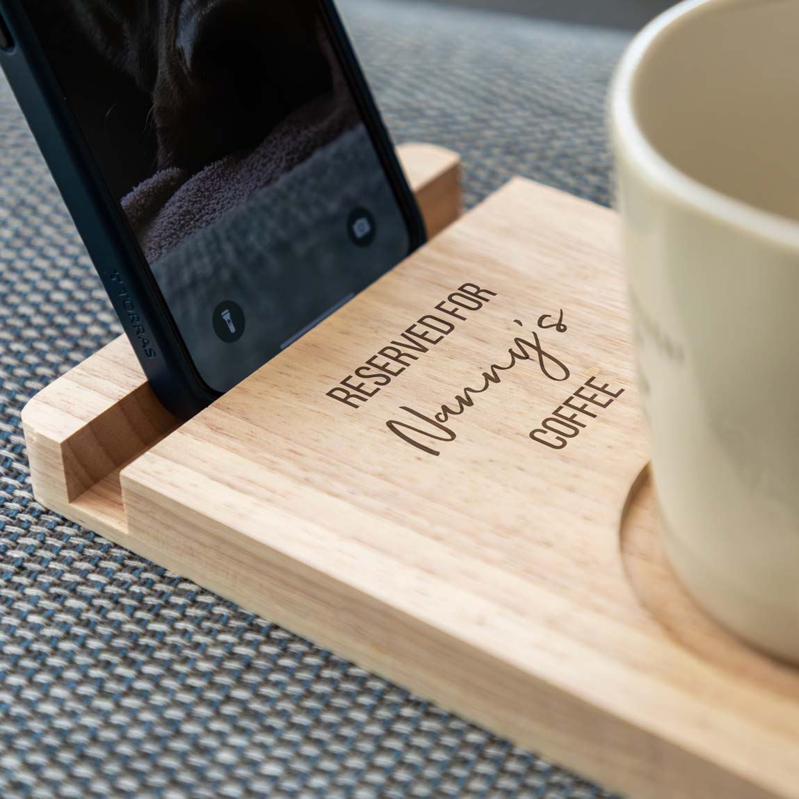 Personalised Reserved For Drink Sofa Coaster Phone Stand
