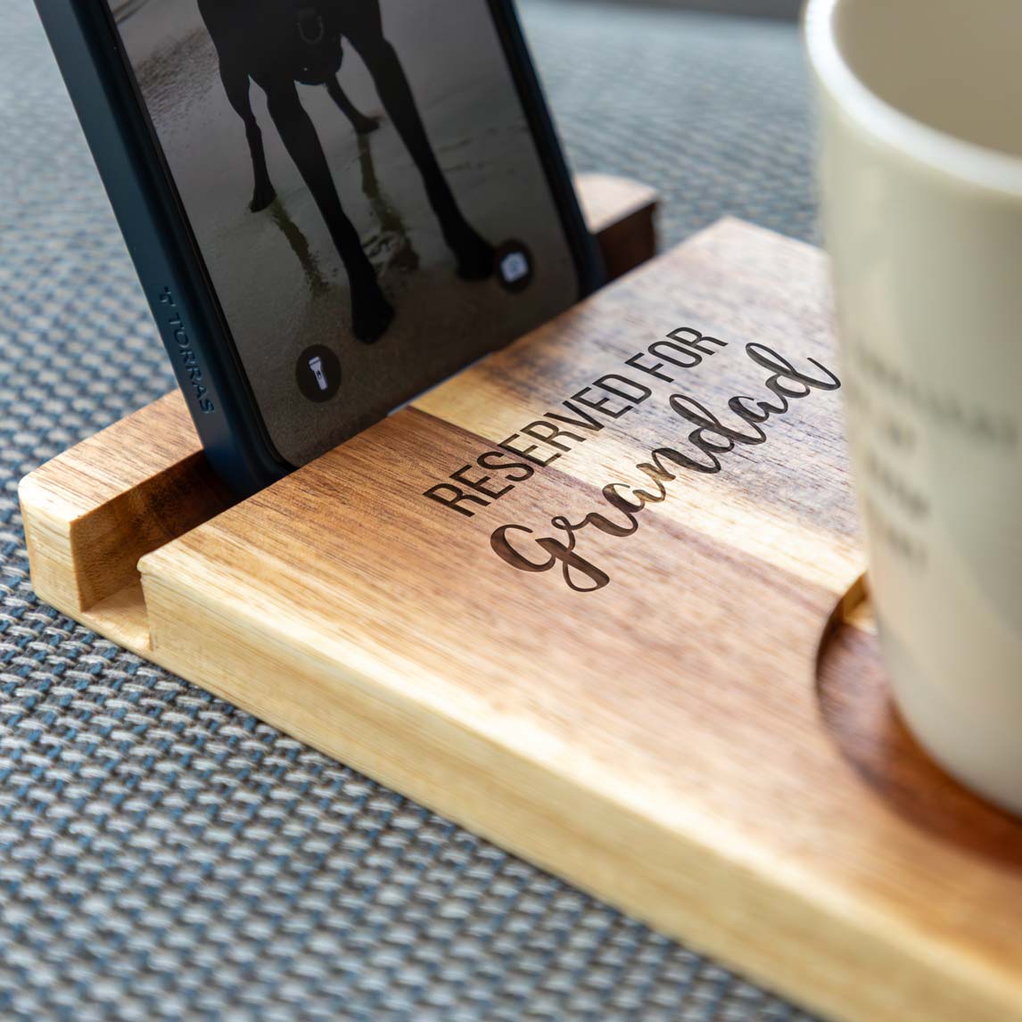 Personalised Phone Stand Sofa Coaster Reserved For