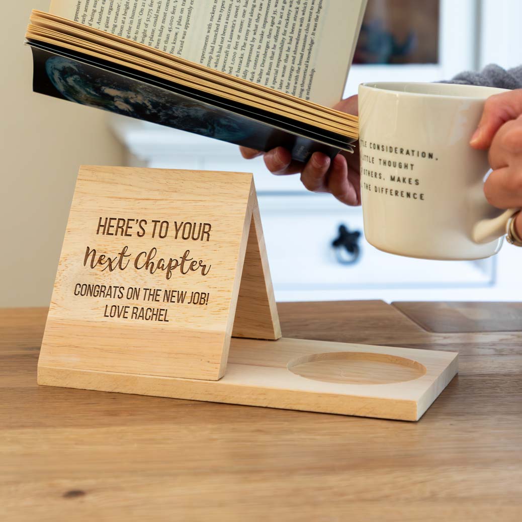 Personalised Book Stand and Coaster Here's To Your Next Chapter Gift