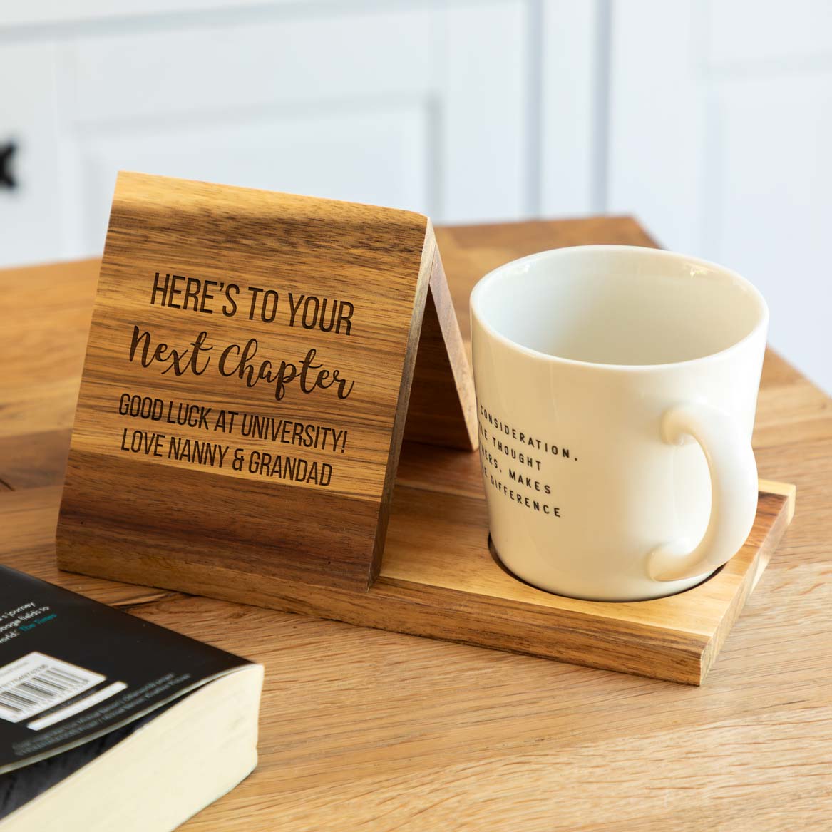 Personalised Book Stand and Coaster Here's To Your Next Chapter Gift