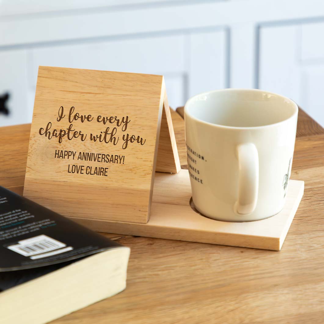 Personalised Book Stand and Coaster I Love Every Chapter With You Anniversary Gift