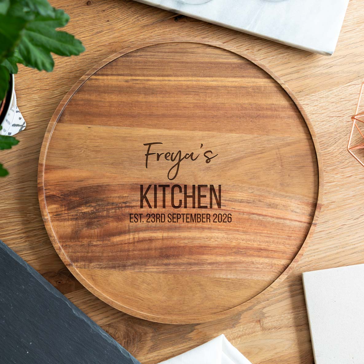 Personalised Round Acacia Wood Kitchen Serving or Chopping Board
