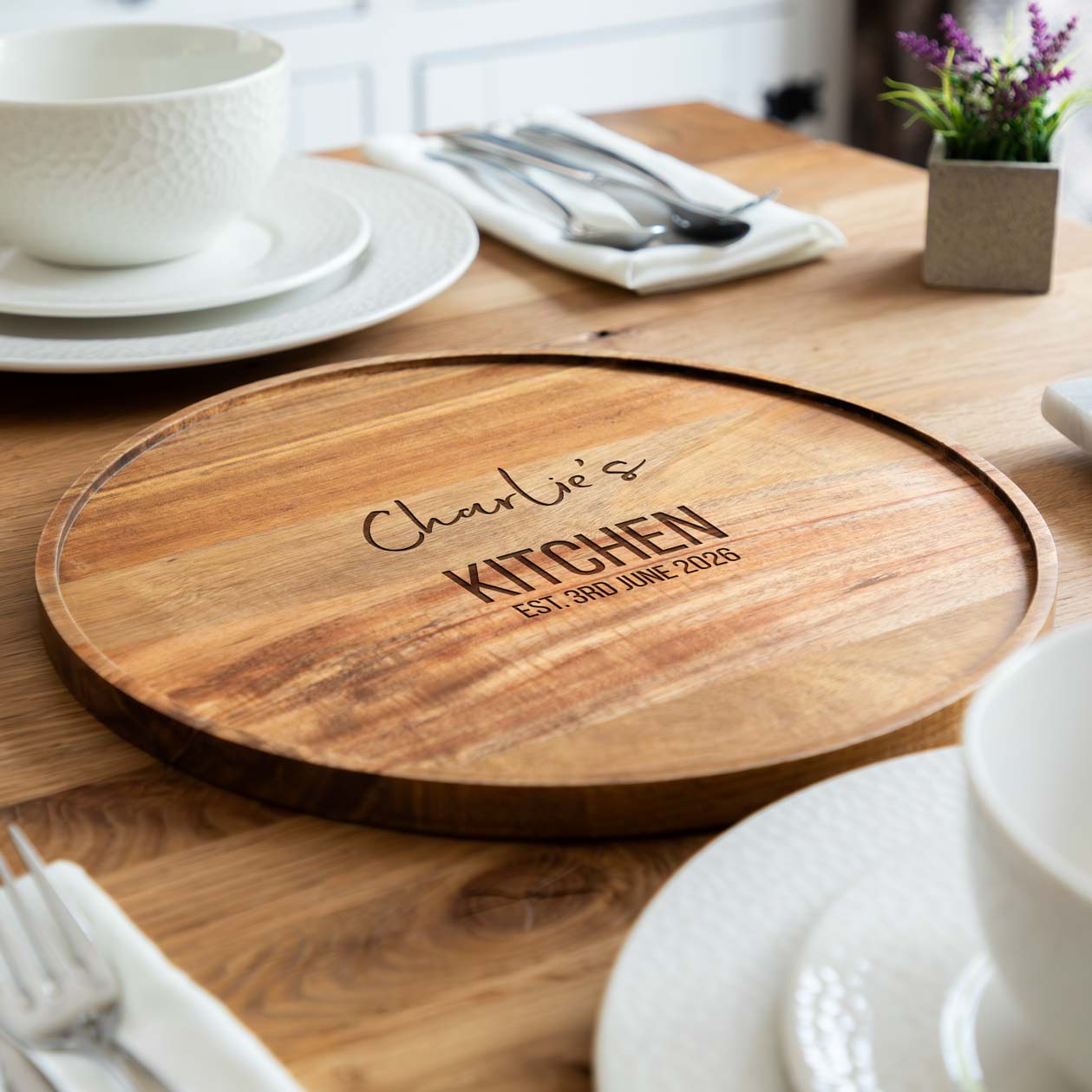 Personalised Round Acacia Wood Kitchen Serving or Chopping Board