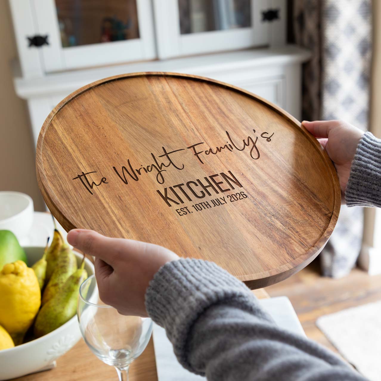 Personalised Round Acacia Wood Kitchen Serving or Chopping Board