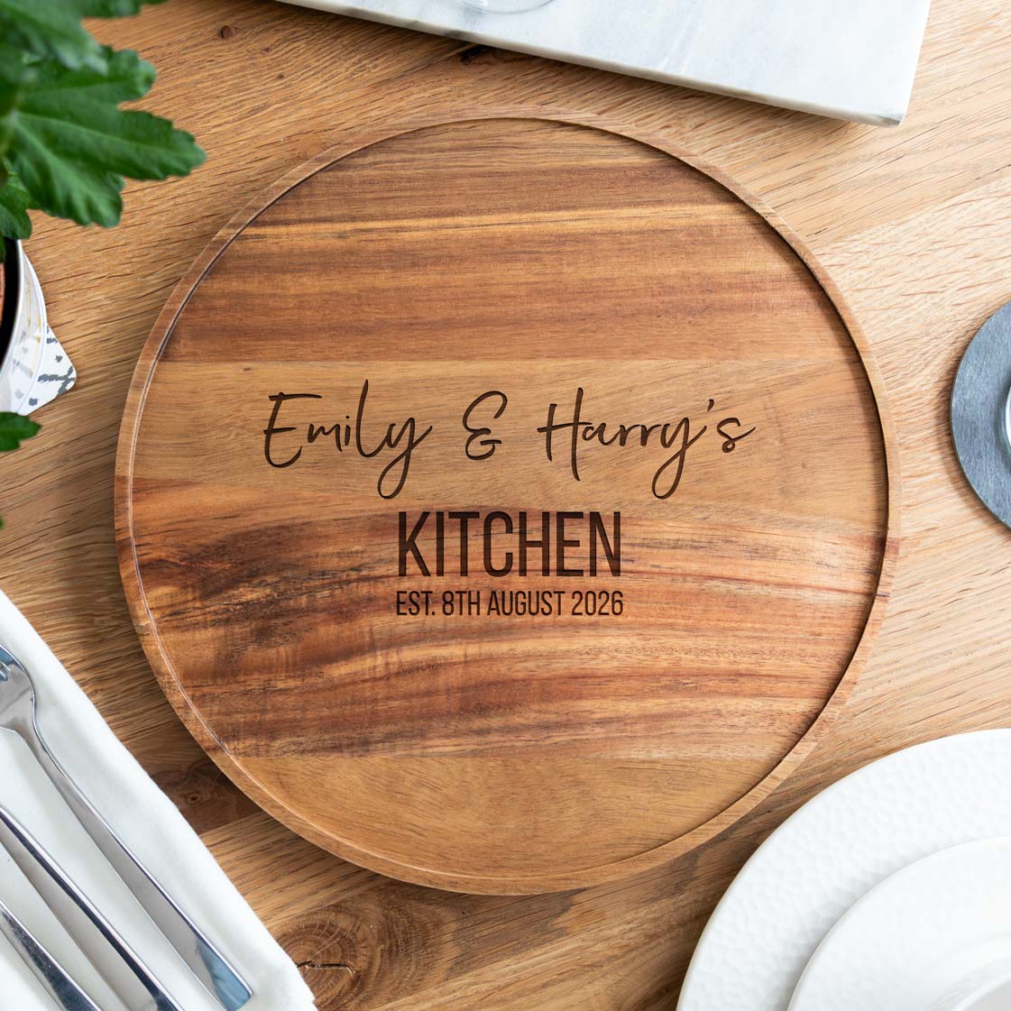 Personalised Round Acacia Wood Kitchen Serving or Chopping Board