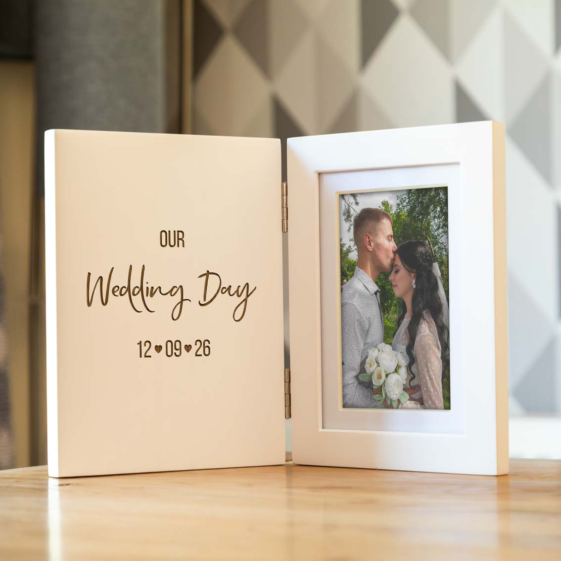 Personalised Wedding Day Gift White Folding Photo Frame