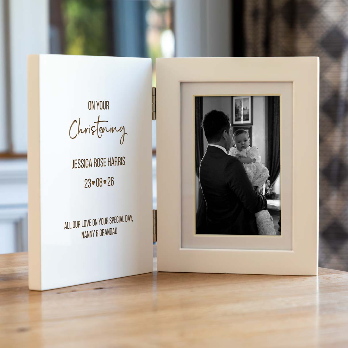 Personalised White Folding Photo Frame Christening Baptism Naming Day Gift