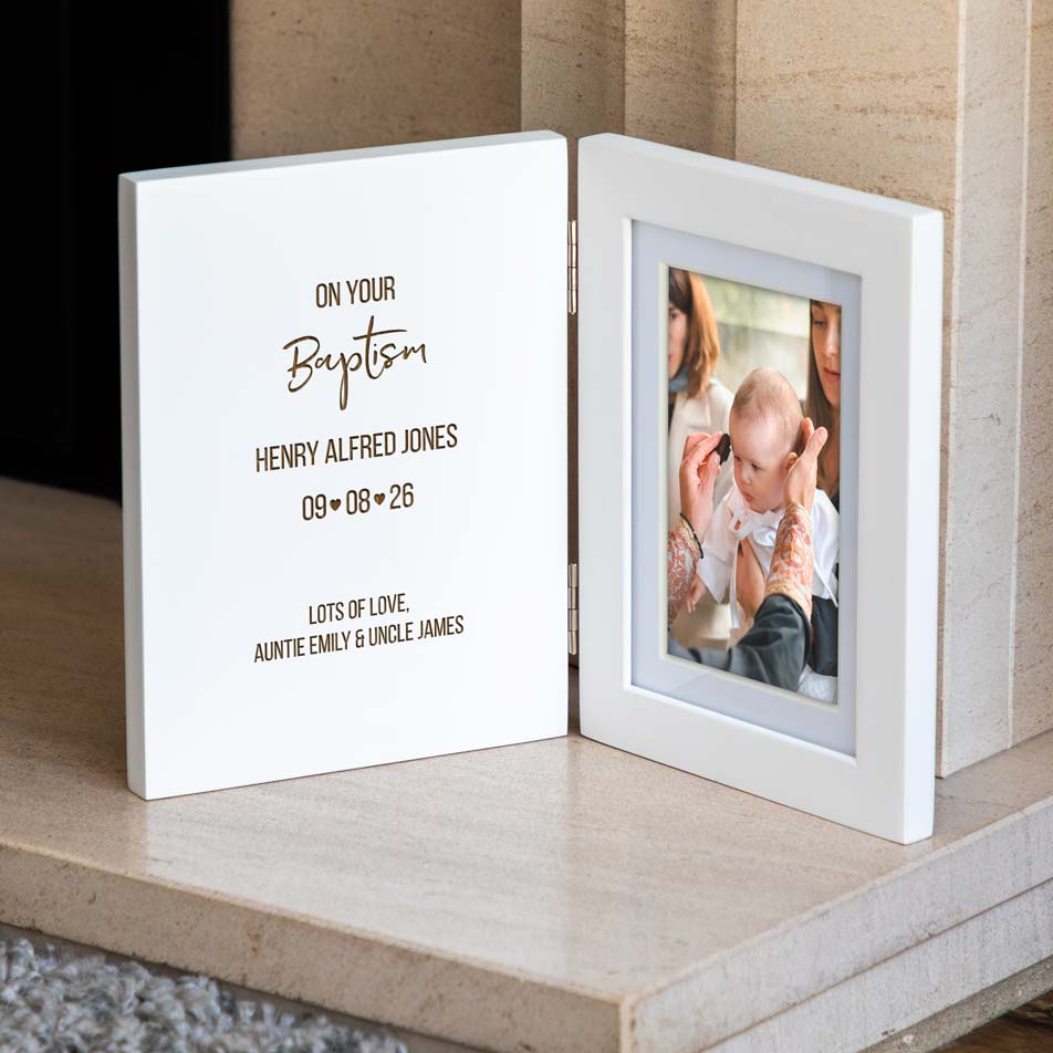 Personalised White Folding Photo Frame Christening Baptism Naming Day Gift