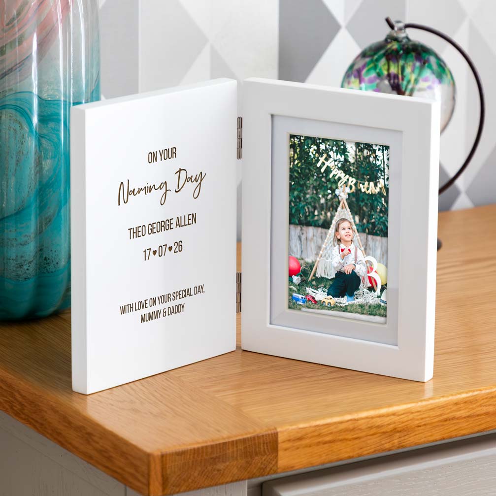 Personalised White Folding Photo Frame Christening Baptism Naming Day Gift