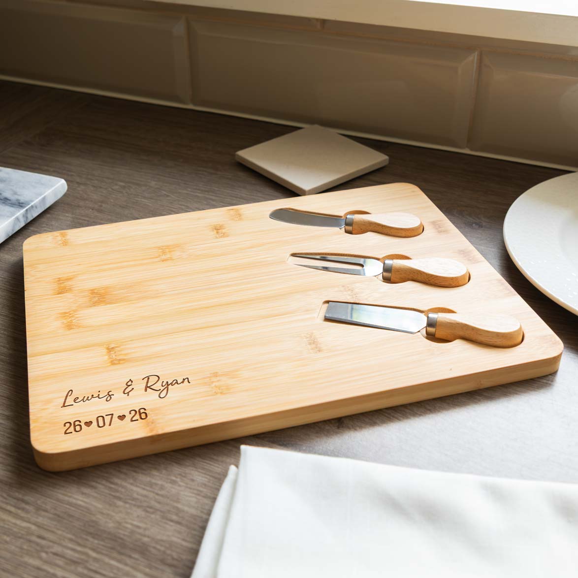 Personalised Cheese Board With Knives Set Wedding or Anniversary Gift