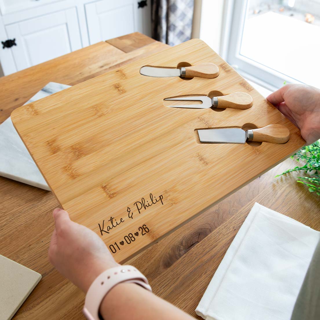 Personalised Cheese Board With Knives Set Wedding or Anniversary Gift