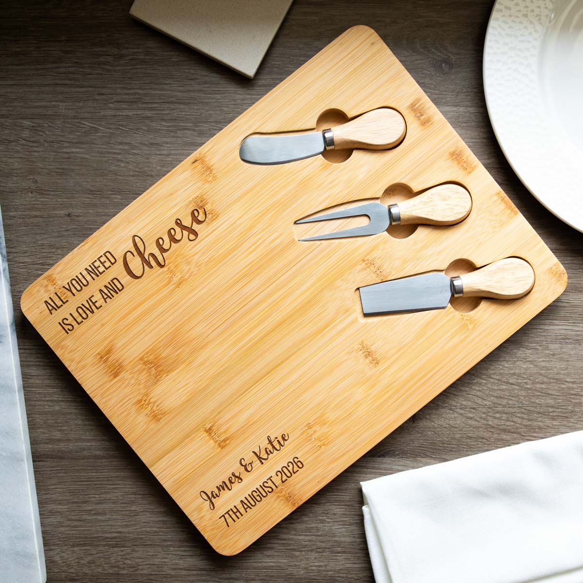Personalised Love and Cheese Board With Knives Set Wedding Gift