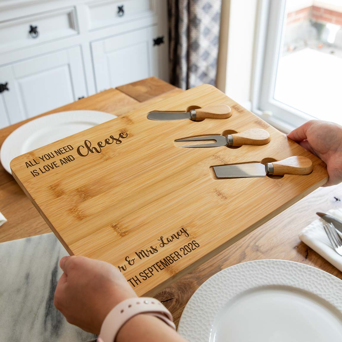 Personalised Love and Cheese Board With Knives Set Wedding Gift