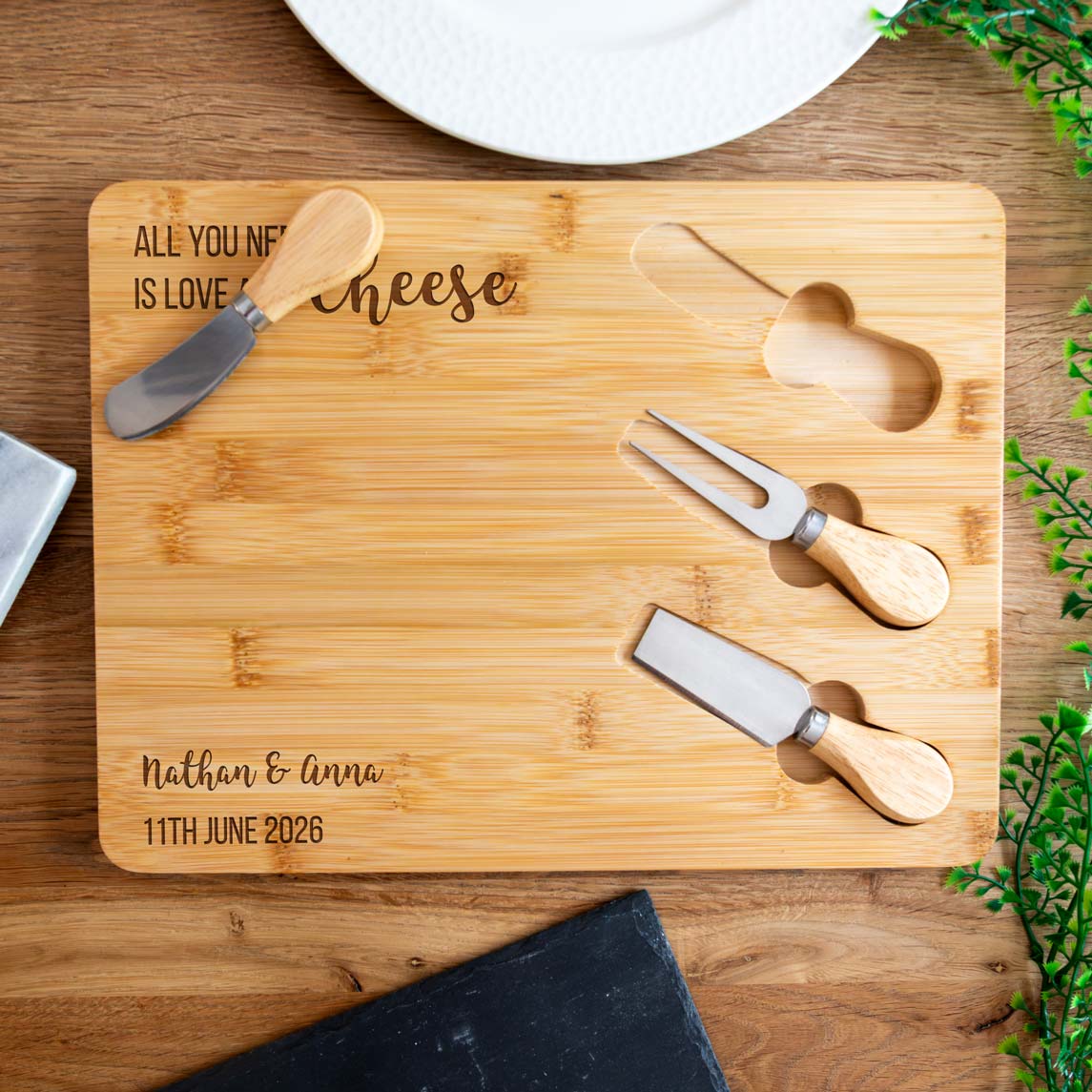 Personalised Love and Cheese Board With Knives Set Wedding Gift