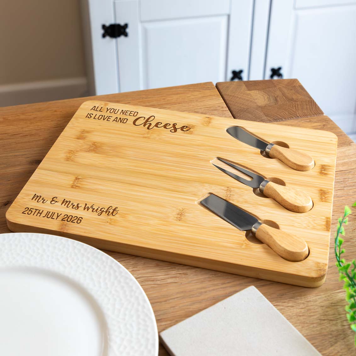 Personalised Love and Cheese Board With Knives Set Wedding Gift