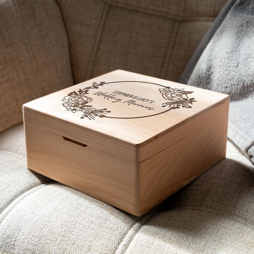 Personalised Wedding Memories Square Beech Keepsake Box Gift