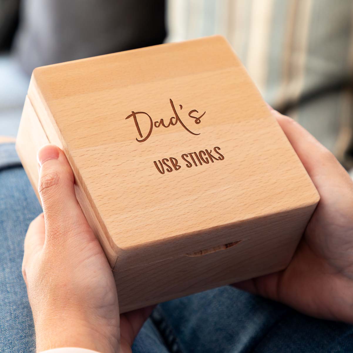 Personalised Small Beech Square Storage Box For Memory Cards Usb Sticks Flash Drives Gift