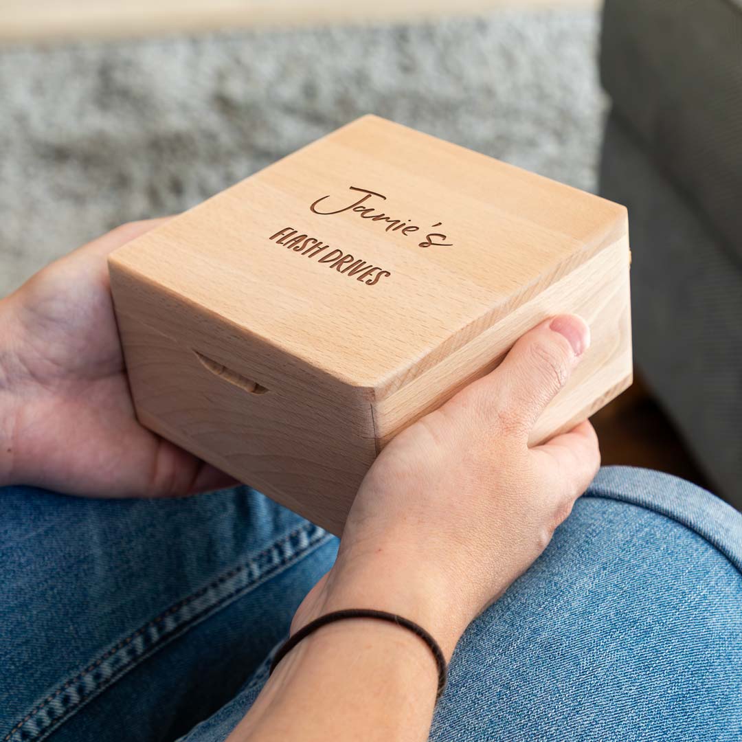 Personalised Small Beech Square Storage Box For Memory Cards Usb Sticks Flash Drives Gift
