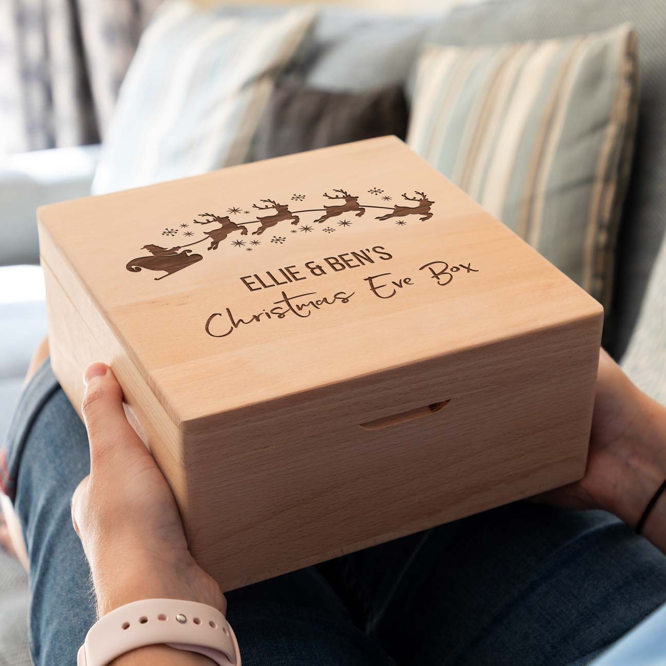 Personalised Santa's Sleigh Christmas Eve Box Square Beech 20cm x 20cm