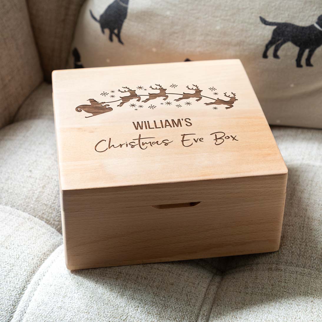 Personalised Santa's Sleigh Christmas Eve Box Square Beech 20cm x 20cm