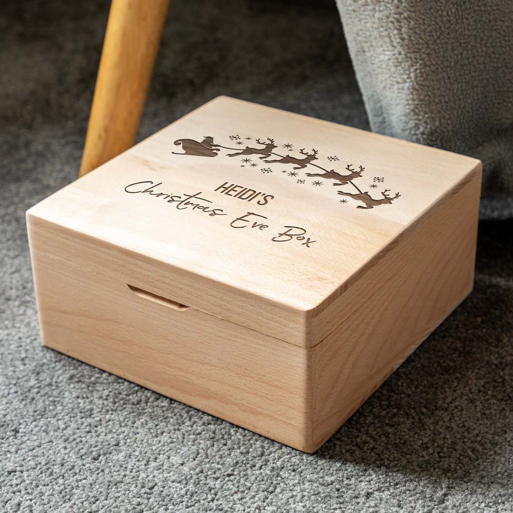 Personalised Santa's Sleigh Christmas Eve Box Square Beech 20cm x 20cm