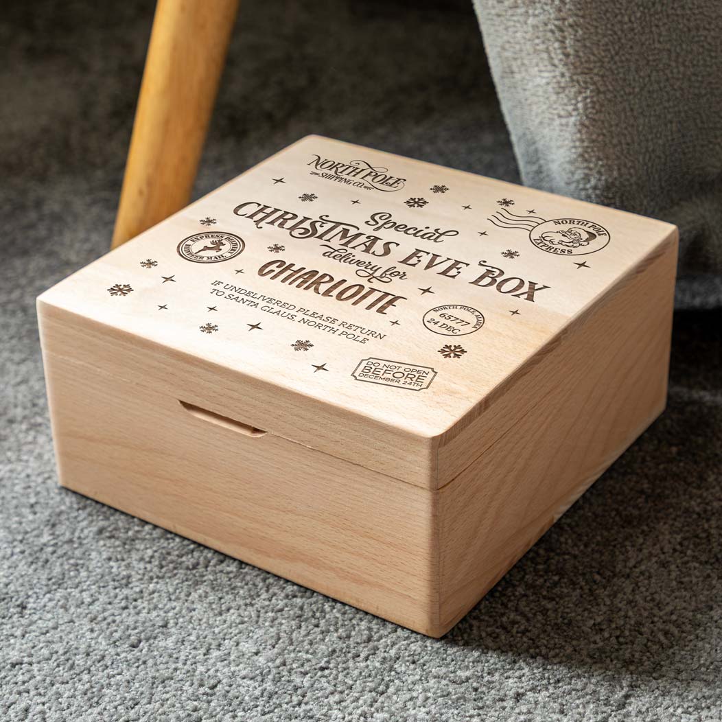 Personalised Special Delivery Christmas Eve Box Square Beech 20cm x 20cm
