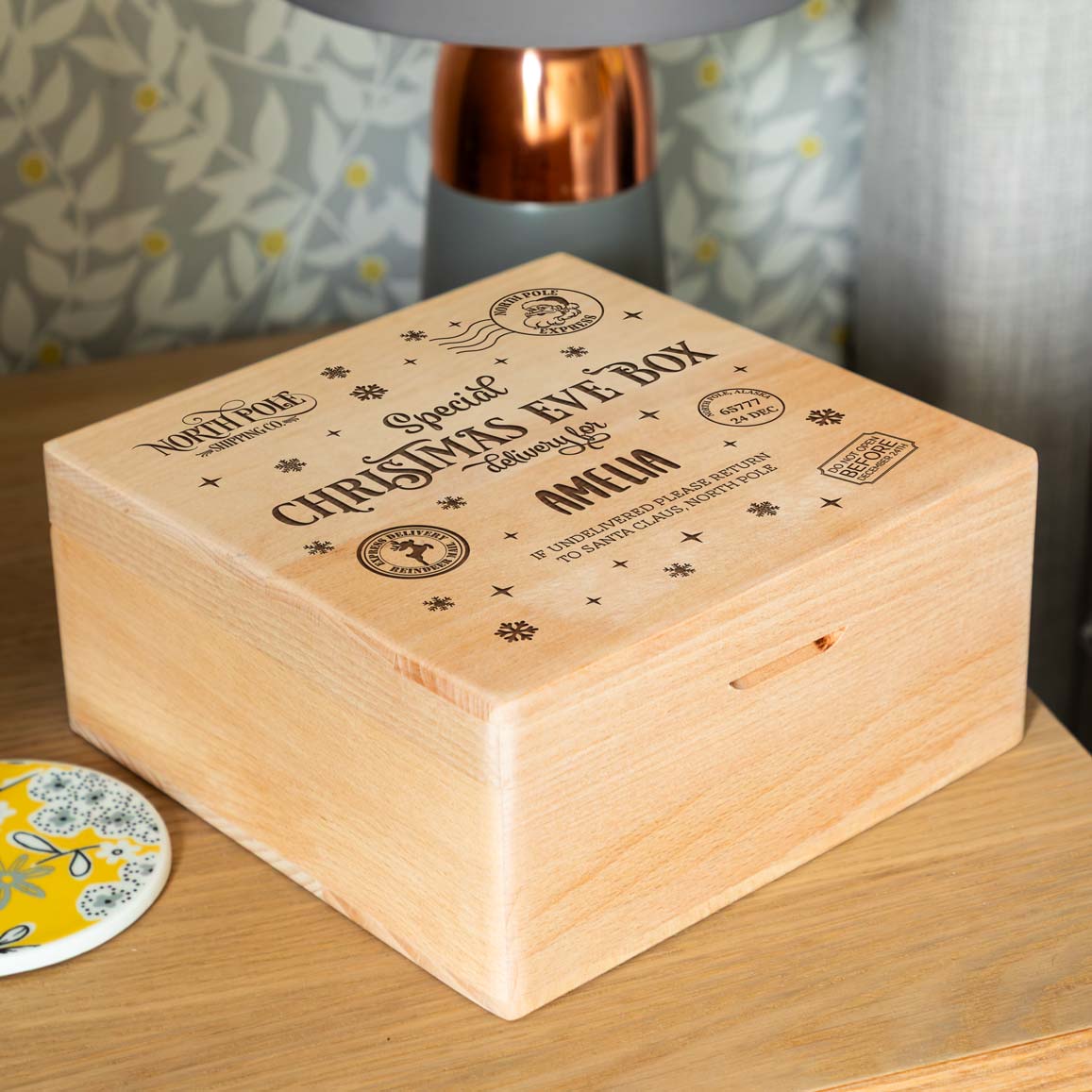Personalised Special Delivery Christmas Eve Box Square Beech 20cm x 20cm