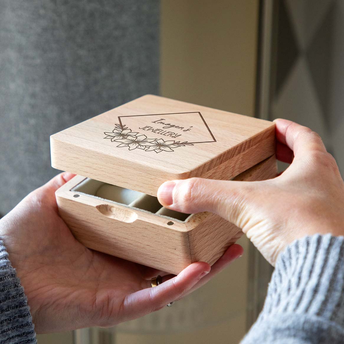 Personalised Geometric Floral Small Wooden Jewellery Box 10cm x 10cm