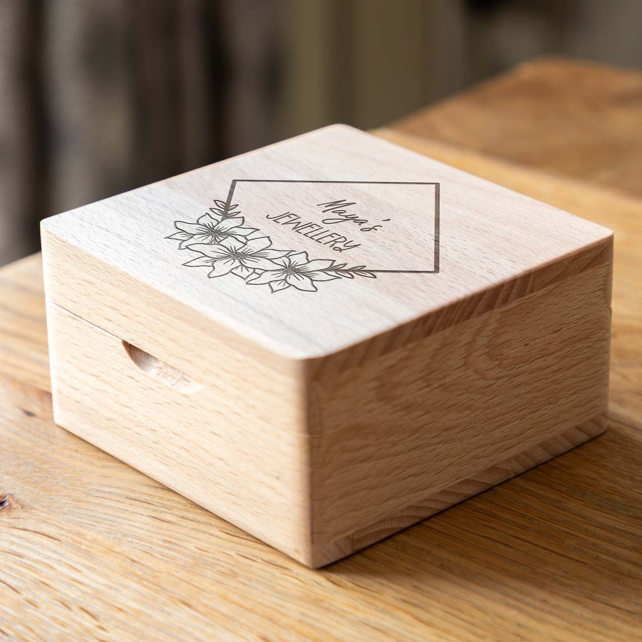 Personalised Geometric Floral Small Wooden Jewellery Box 10cm x 10cm