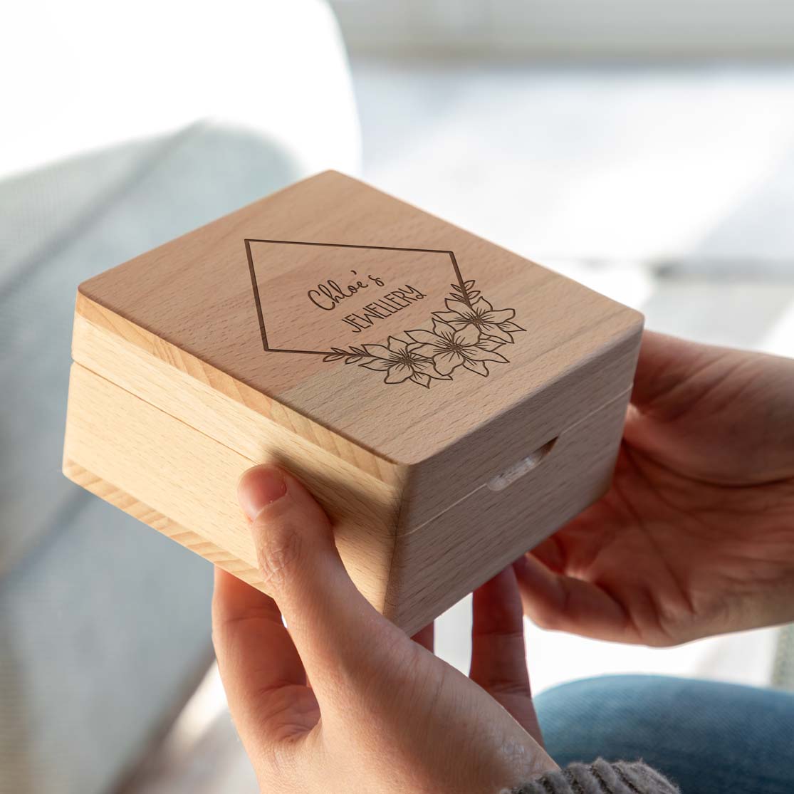 Personalised Geometric Floral Small Wooden Jewellery Box 10cm x 10cm