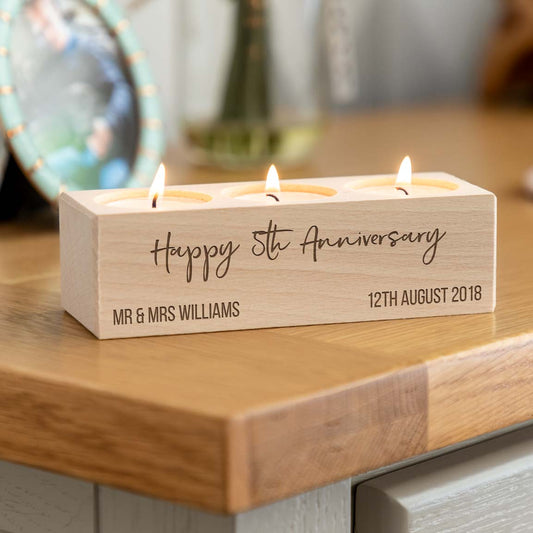 Personalised 5th Anniversary Gift Wood Candle Holder