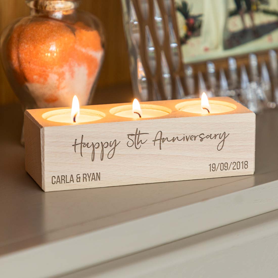 Personalised 5th Anniversary Gift Wood Candle Holder