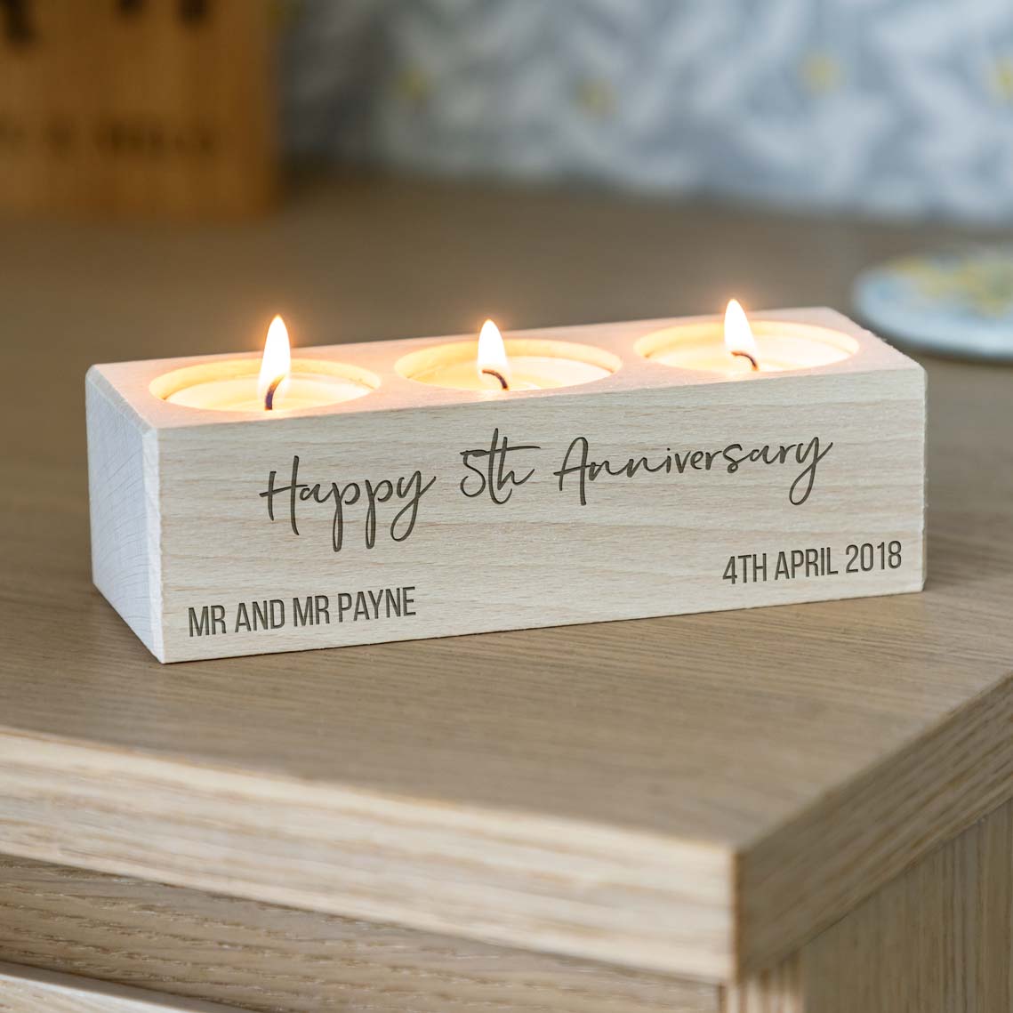 Personalised 5th Anniversary Gift Wood Candle Holder