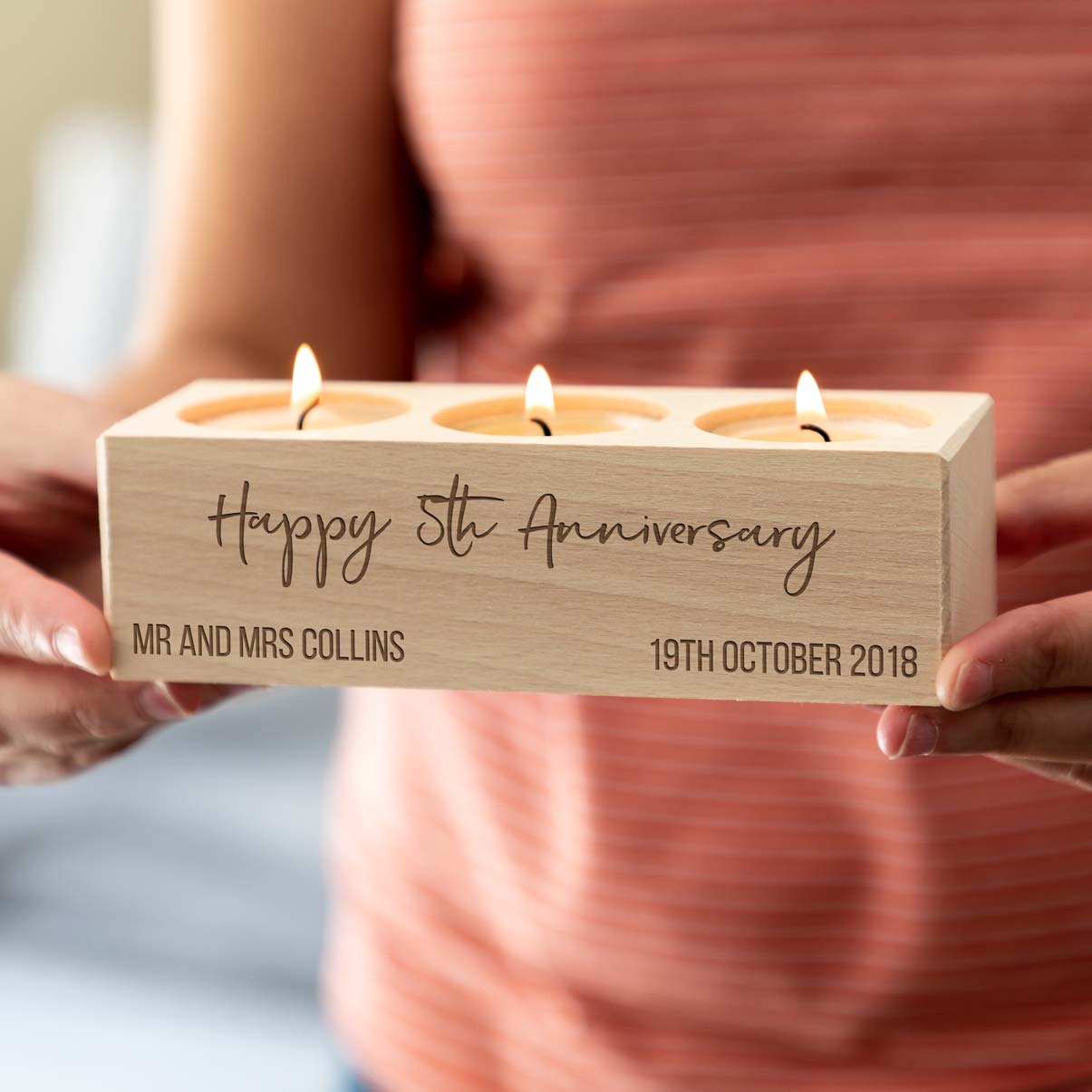 Personalised 5th Anniversary Gift Wood Candle Holder