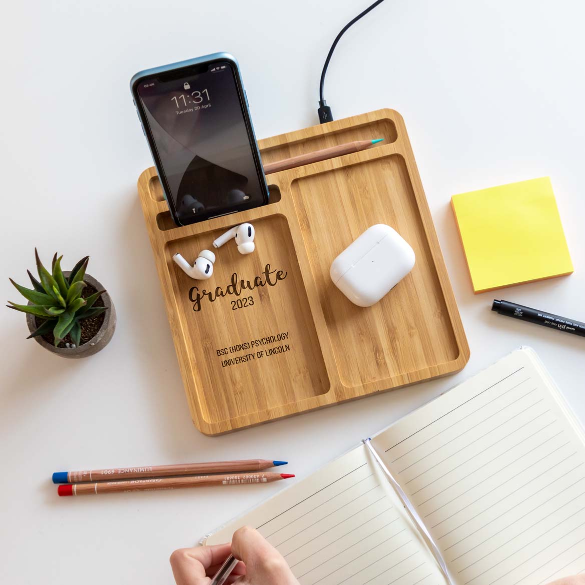 Personalised Graduation Gift Wireless Charger Desk Tidy