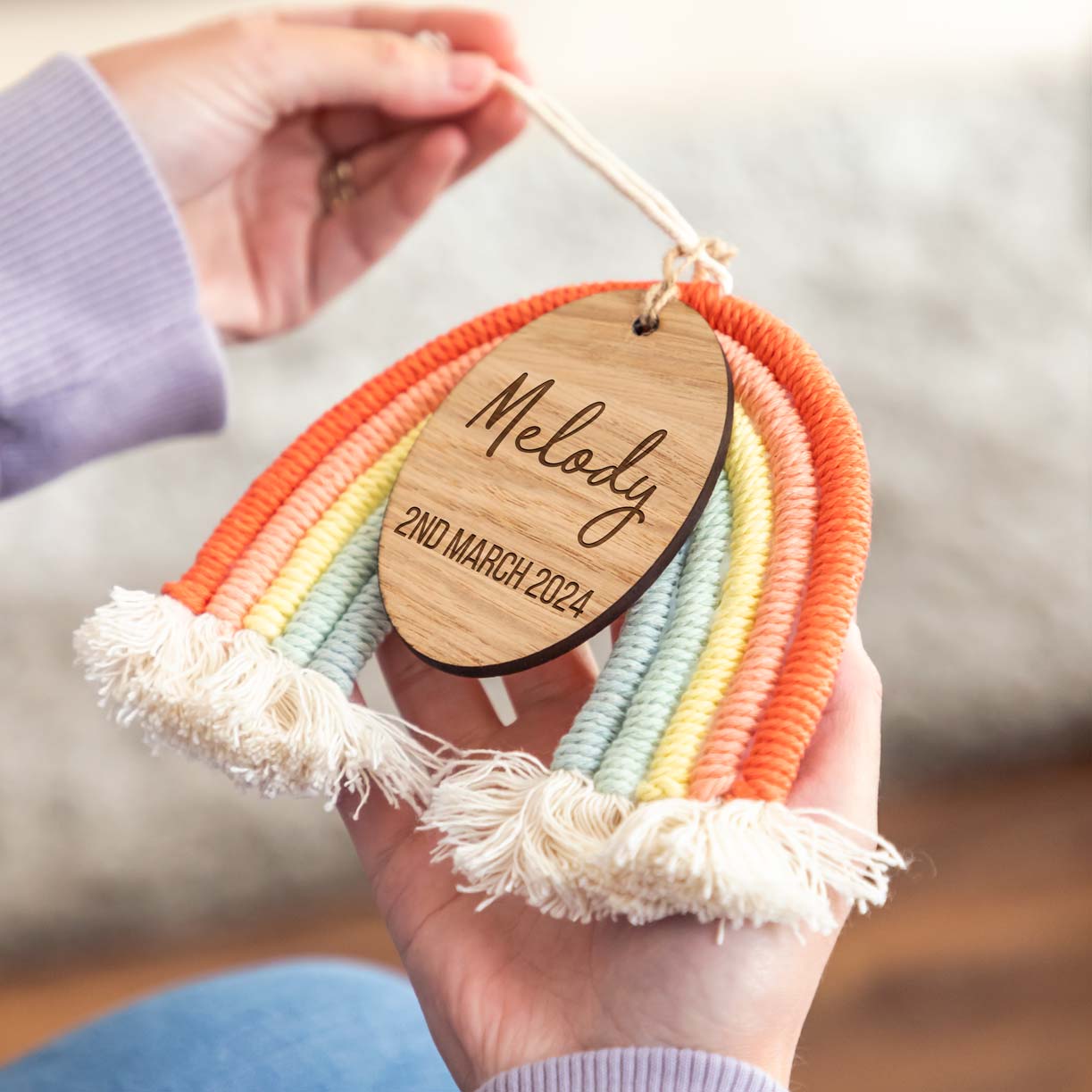 Personalised New Baby Gift Macrame Rainbow Nursery Sign