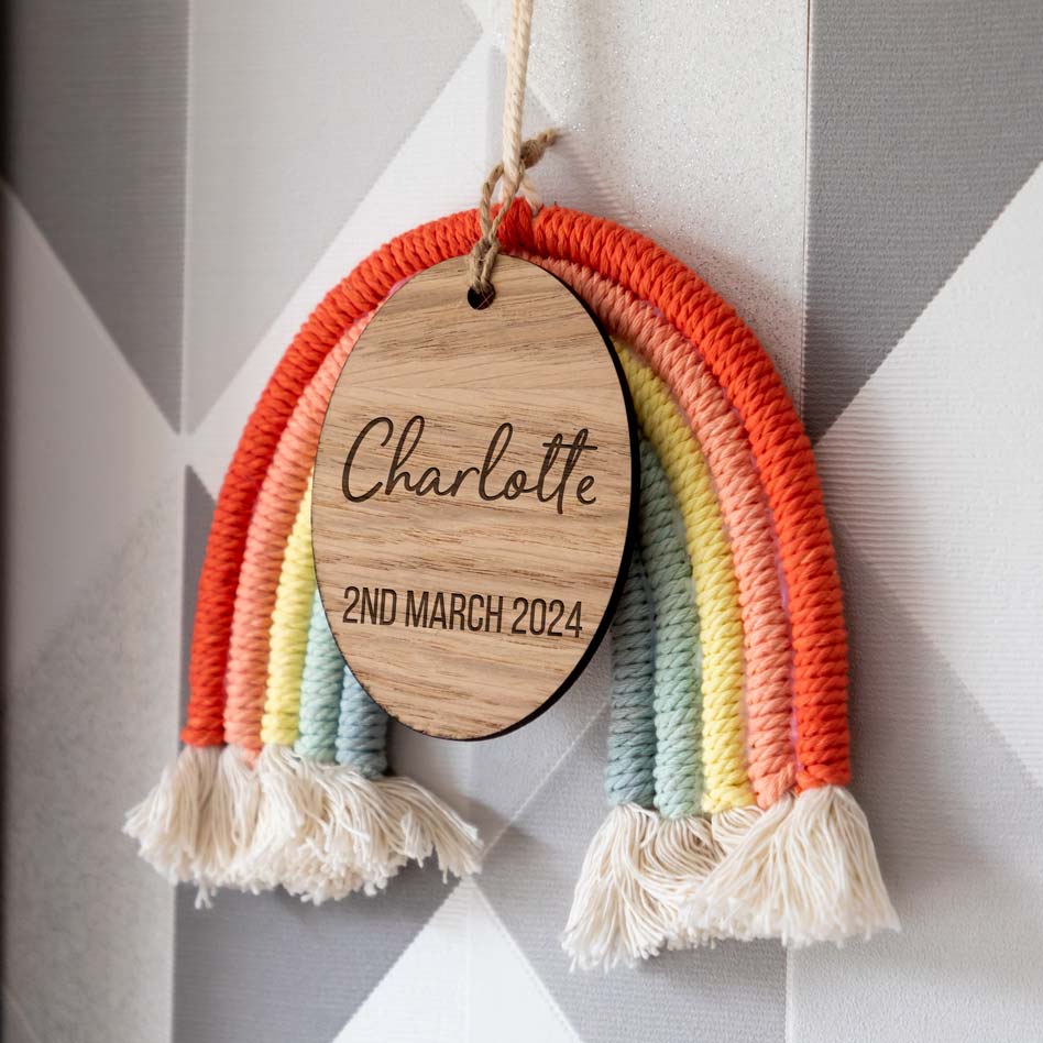 Personalised New Baby Gift Macrame Rainbow Nursery Sign