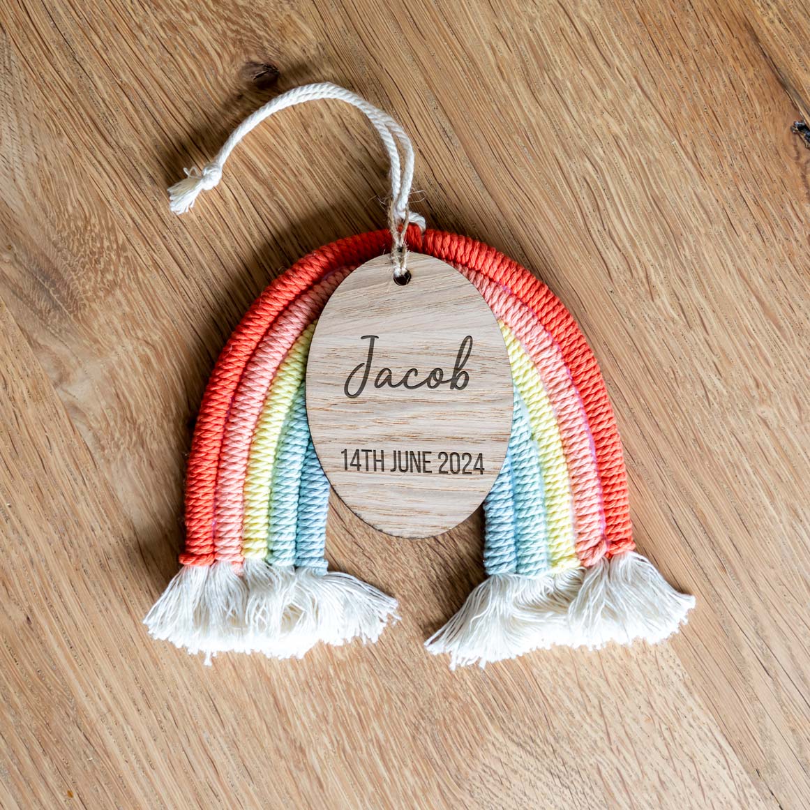 Personalised New Baby Gift Macrame Rainbow Nursery Sign