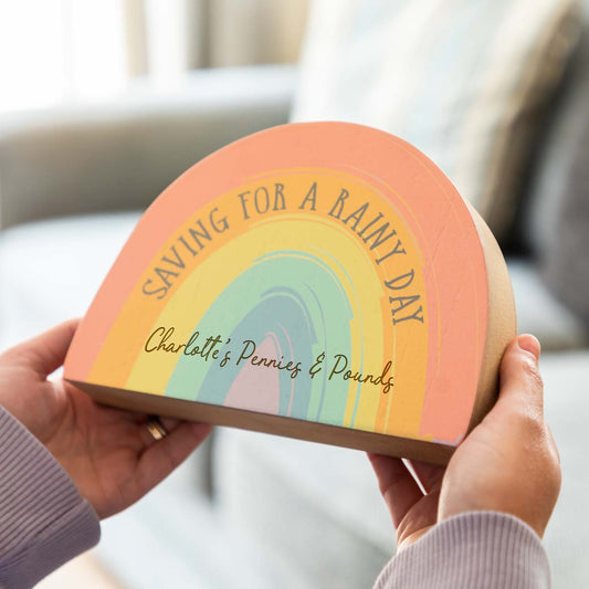 Personalised Saving For A Rainy Day Rainbow Money Box