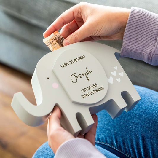 Personalised Elephant Money Box Birthday Gift