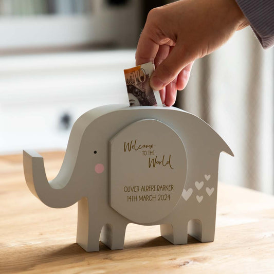 Personalised Elephant Money Box Welcome To The World
