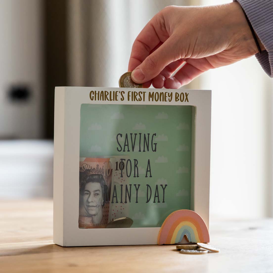 Personalised Saving For A Rainy Day Money Box