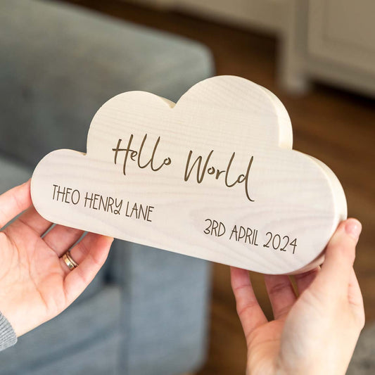 Personalised Hello World Wood Cloud New Baby Gift