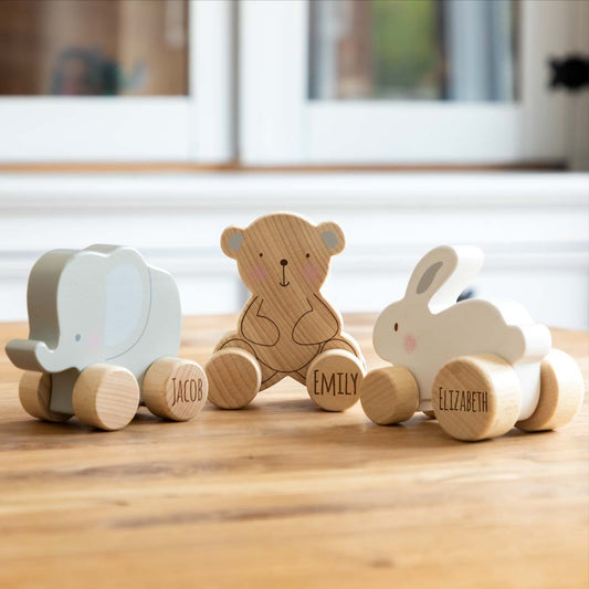 Personalised Wooden Push Toy Elephant Bear or Rabbit